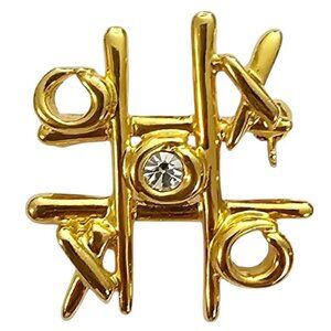 Anne Klein Gold Tone X's & O's Tic Tac Toe Brooch Clear Rhinestone Pin, Signed